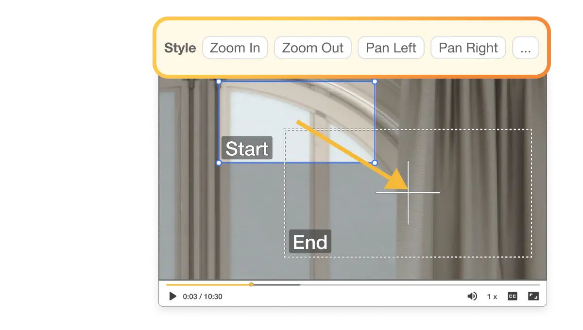 Select between different Ken Burns effect styles in Visla, including Zoom In, Zoom Out, Pan Left, and Pan Right